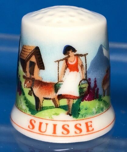 Vintage THIMBLE Suisse Milk Maid Cows Bridge  Langenthal