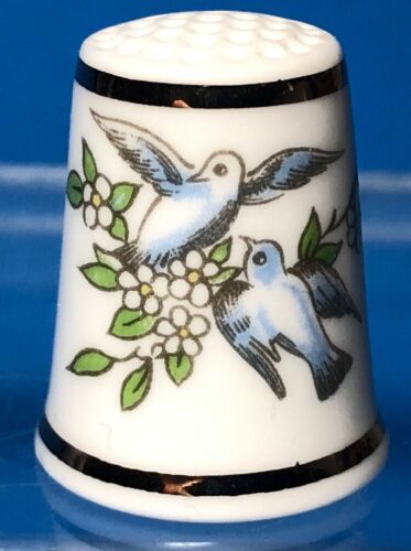 Vintage THIMBLE Royal Worcester Blue Birds White Flowers