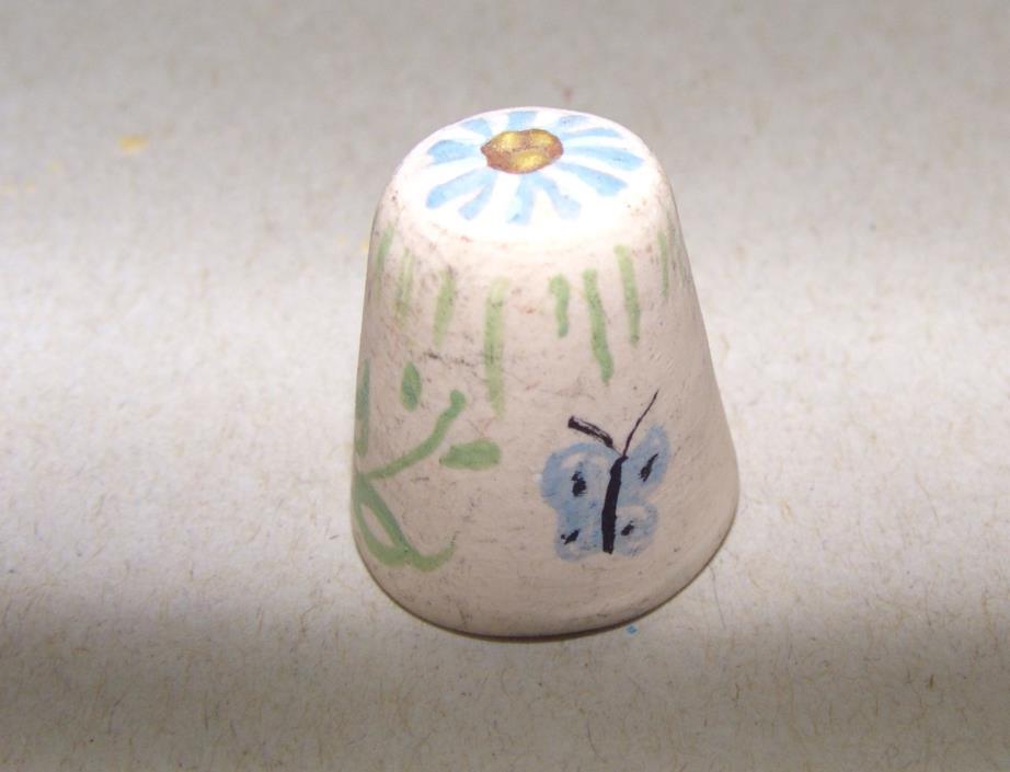 Clay Souvenir Collectible Thimble - Handpainted w/ flowers & butterflies