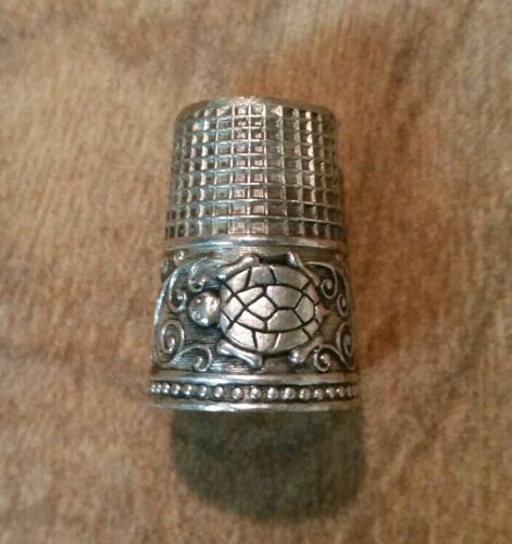 Silver Tone Thimble with Turtle & Swirl Design-Gold Tone Inside
