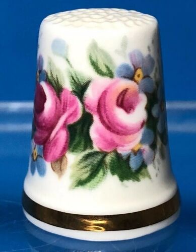 Vintage THIMBLE Royal Adderley Pink Tea Roses Blue Bonnets Flowers Bone China