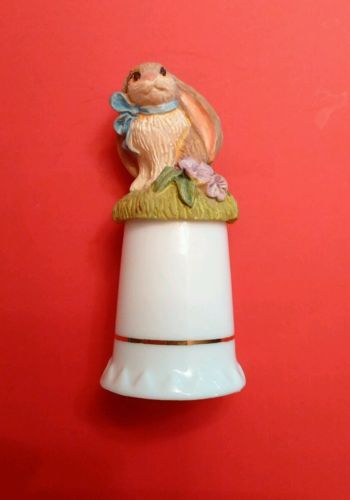 Vintage Brown Rabbit with Long Ears Blue Bow on Top a Ceramic Thimble