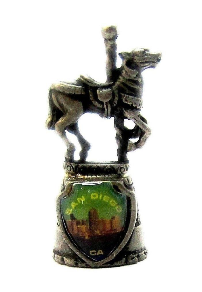 SAN DIEGO CA. PEWTER THIMBLE WITH CAROUSEL HORSE TOPPER