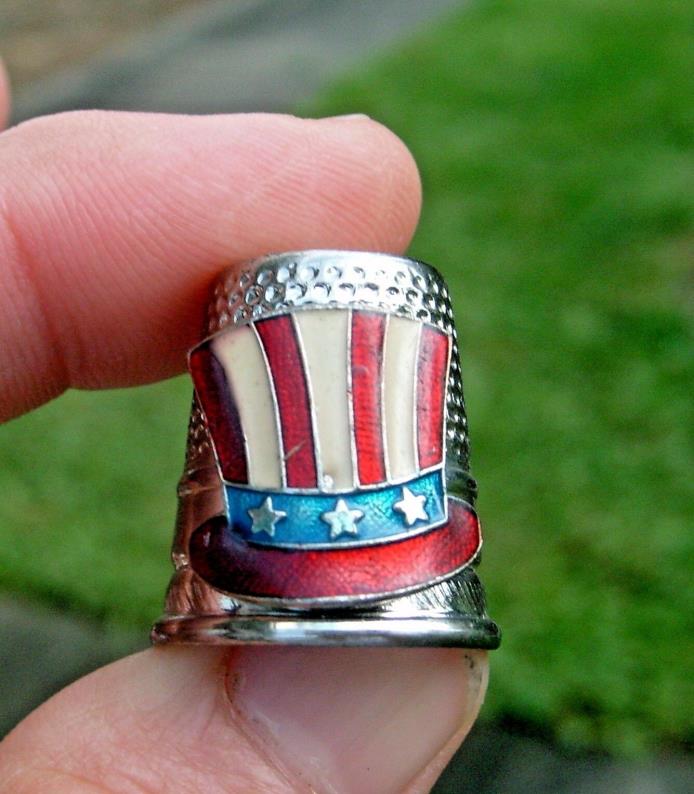 Vintage Stainless Steel Thimble with applied enameled Uncle Sam Hat