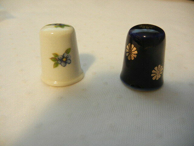 SEWING THIMBLES LIMOGES FRANCE COBALT BLUE & WHITE FLOWERS LOT OF TWO (2)