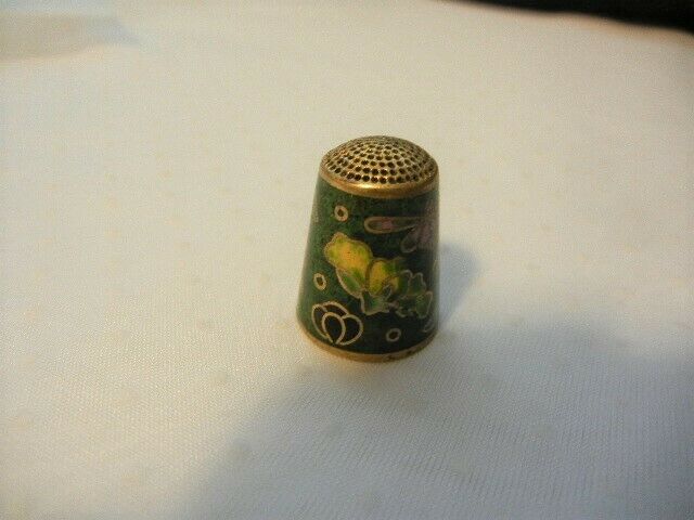 SEWING THIMBLE BRASS CLOISONNE ENAMEL GREEN BLUE VINTAGE