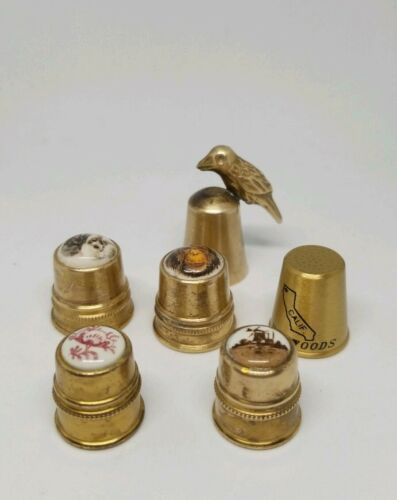 THIMBLE SOLID BRASS LOT OF 6  TOPPER OF A BIRD, CALIFORNIA, TOP IMAGES