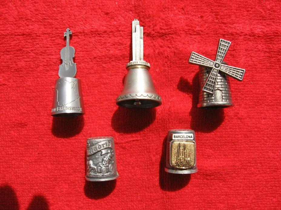 Set of (5) World Vacation Sights  Pewter Topper Thimbles Collectibles Souvenir