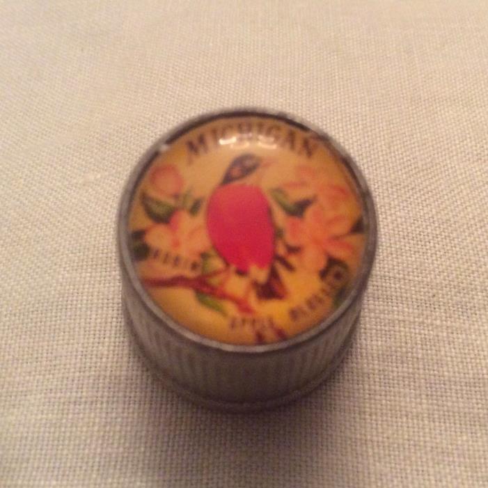 Souvenir Pewter Michigan Thimble - State Bird Robin - State Flower Apple Blossom