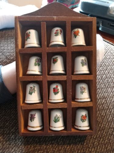 Lot Of 13 White Porcelain Thimble With Gold Band Collectible - Various Flowers