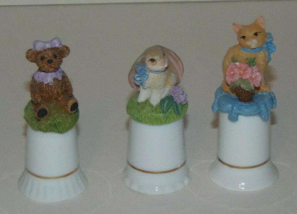 Vintage FM FG Porcelain Thimbles BUNNY BEAR CAT SET OF 3