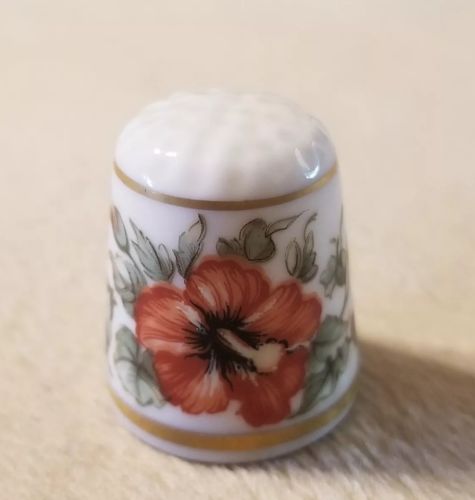 Hibiscus Flower Porcelain Thimble Made In Portugal Collector Collectible