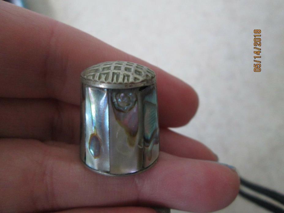 Vintage Abalone Inlay Alpaca SILVER Thimble Made in Mexico & Marked