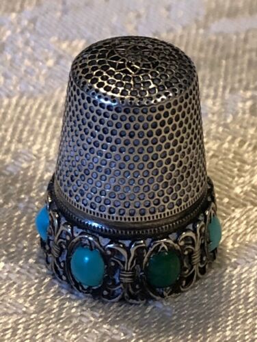 Vintage Sterling Silver Thimble Turquoise Seven Stones