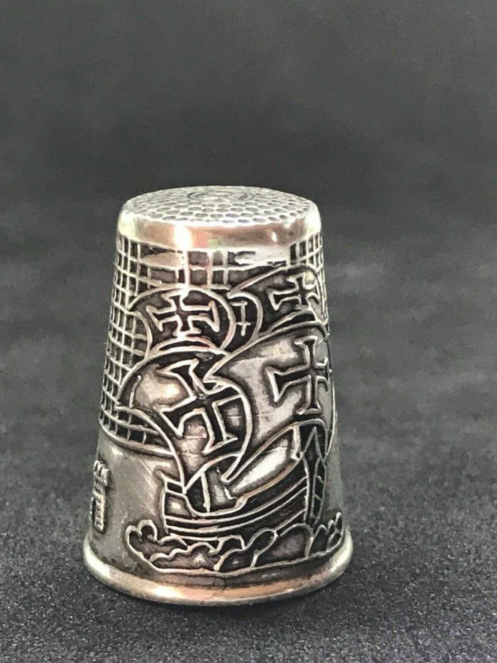 VINTAGE PORTUGAL STERLING SILVER THIMBLE DECORATED VIKING SHIP