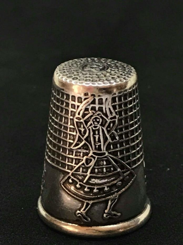 VINTAGE PORTUGAL STERLING SILVER THIMBLE DECORATED WOMAN DANCING AND ROSES