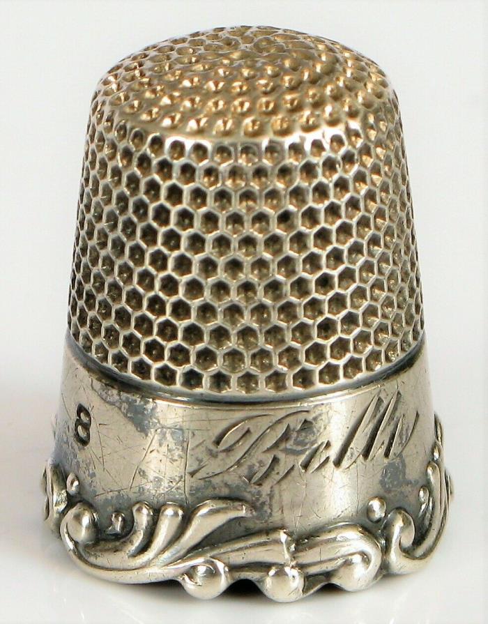 ANTIQUE STERLING SILVER SEWING THIMBLE ORNATE DETAILS SIZE 8 ENGRAVED BELLA