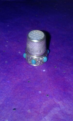 GERMANY BLU GLASS TOP Hallmarked (Henckels?)STERLING & TURQUOISE STONES THIMBLE