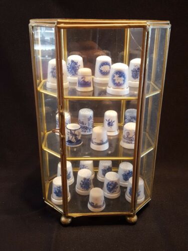 LOT Vintage Thimble Trinket Jewelry  Glass Display Case w/ Toille Blue Thimbles