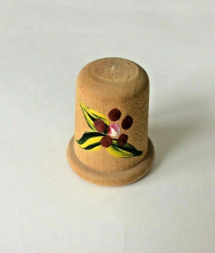 Hand Painted Collectible Wood Thimble w/ Red Flower / Leaves