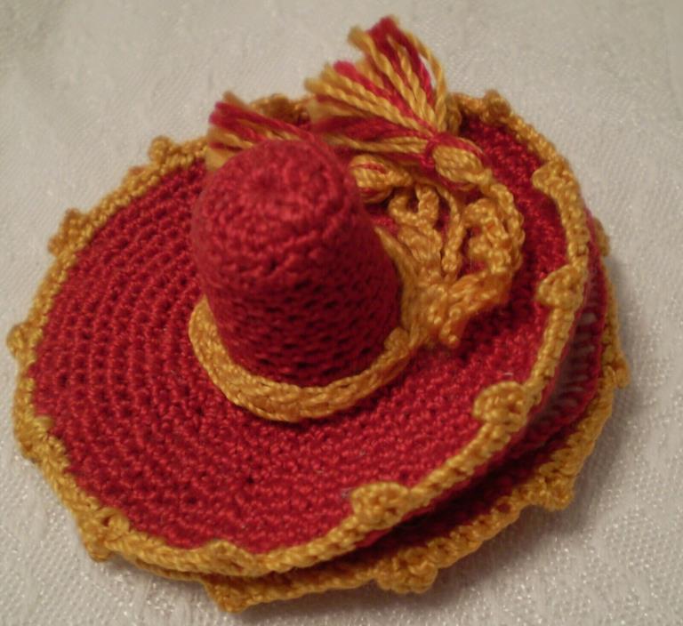 Vintage Hand Crocheted Needle & thimble Holder Sombrero Red Yellow