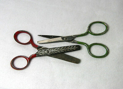 TWO PAIR ANTIQUE SCHOOL SCISSORS, USA & GERMANY STAMPS, CUT PAPER STILL