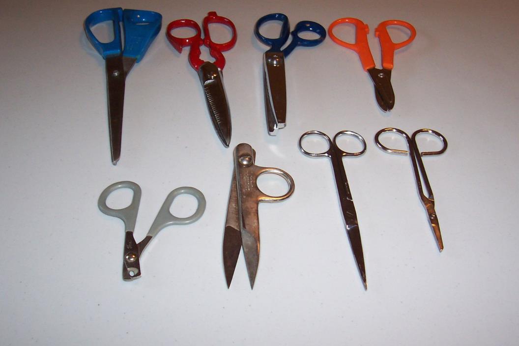 JUNK DRAWER LOT OF MISCELLANEOUS SCISSORS, PINKING SHEARS, NIPPERS - 8 PR. TOTAL