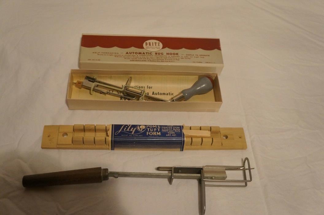 Vintage Dritz Automatic Rug Hook, Lily Pom & Tuft Form & Unlabeled Rug Hook