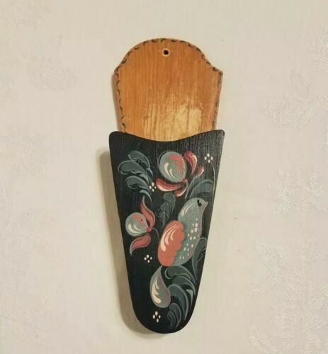 Vintage Handpainted Wooden Wall Pocket hang Scissors Holder tole painted sewing