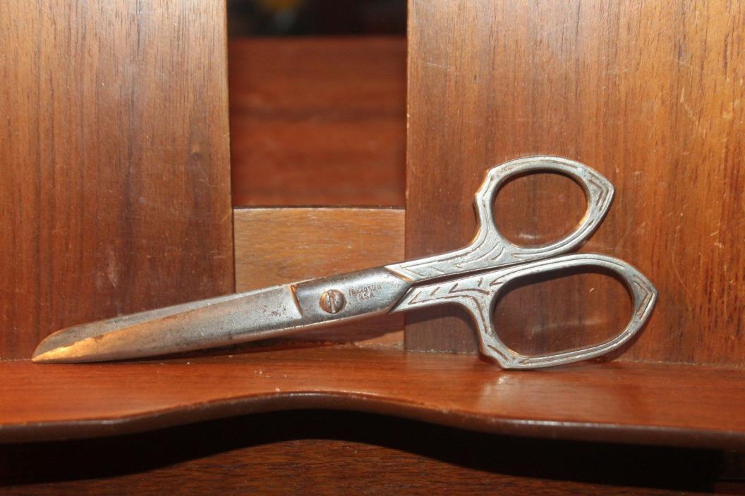 Vintage USA Forged Steel Shears Scissors Ornately Etched 7