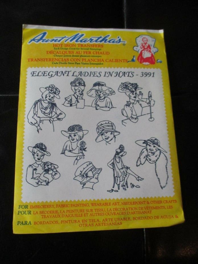 VINTAGE Aunt Martha's IRON-ON Embroidery TRANSFERS- #3991 ELEGANT LADIES IN HATS
