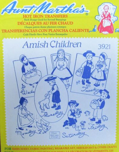 Aunt Martha's 3921 Amish Children Days of Week Farm Embroidery Transfer Pattern