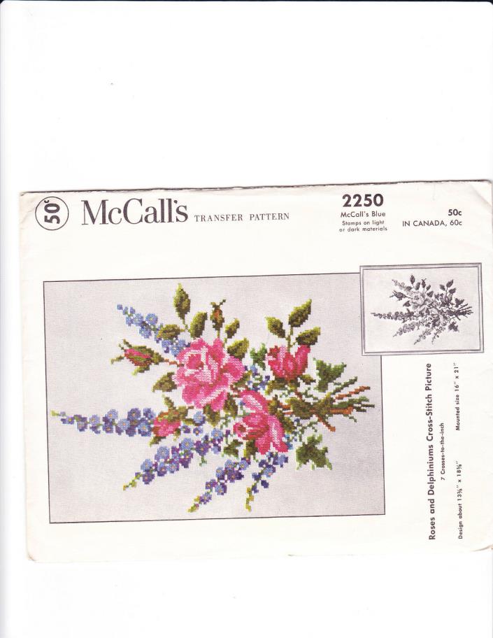 McCalls 2250 Vintage Transfer Pattern Roses and Delphiniums Cross Stitch Picture