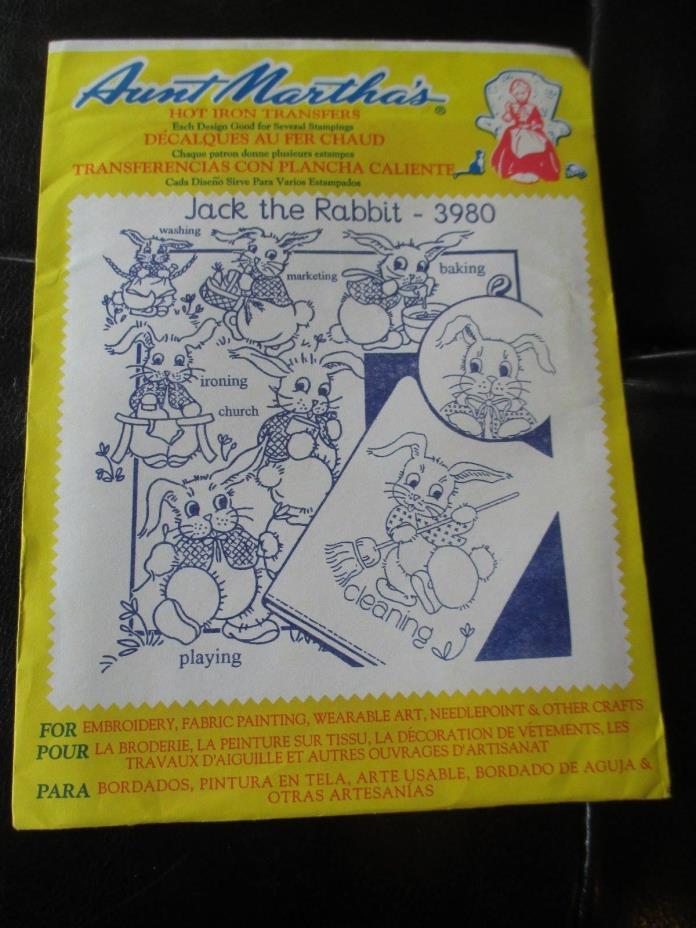 VINTAGE Aunt Martha's IRON-ON Embroidery TRANSFERS - #3980 JACK THE RABBIT
