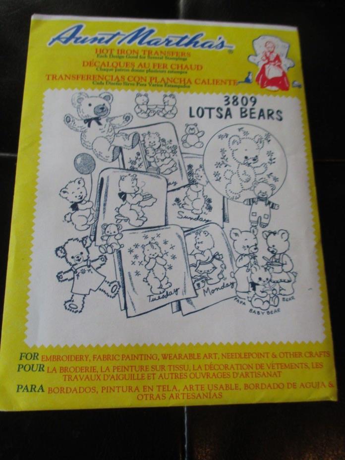 VINTAGE Aunt Martha's IRON-ON Embroidery TRANSFERS - #3809 LOTSA BEARS