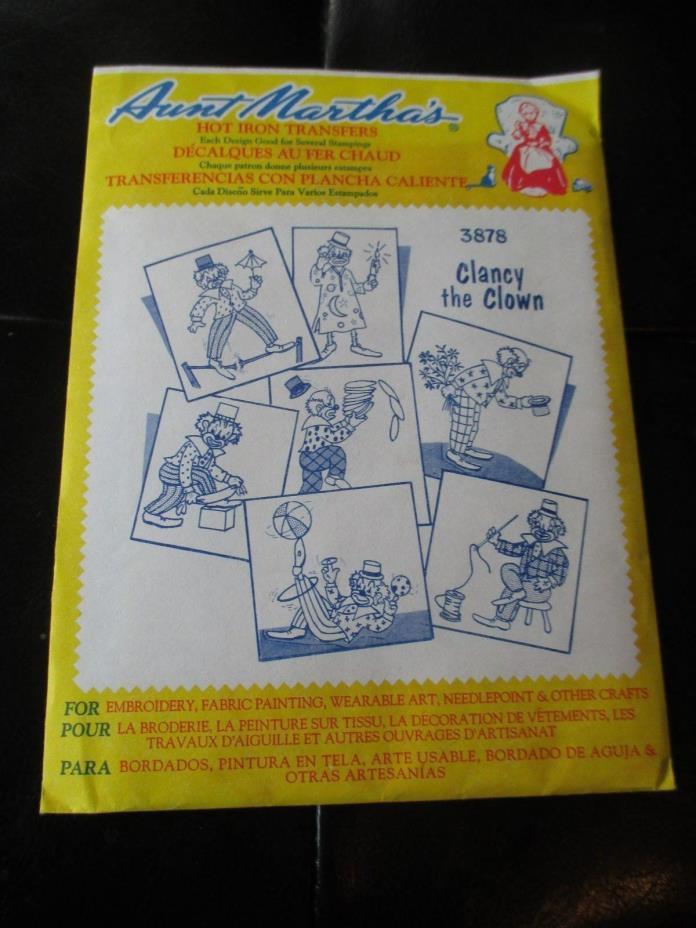 VINTAGE Aunt Martha's IRON-ON Embroidery TRANSFERS - #3878 CLANCY THE CLOWN