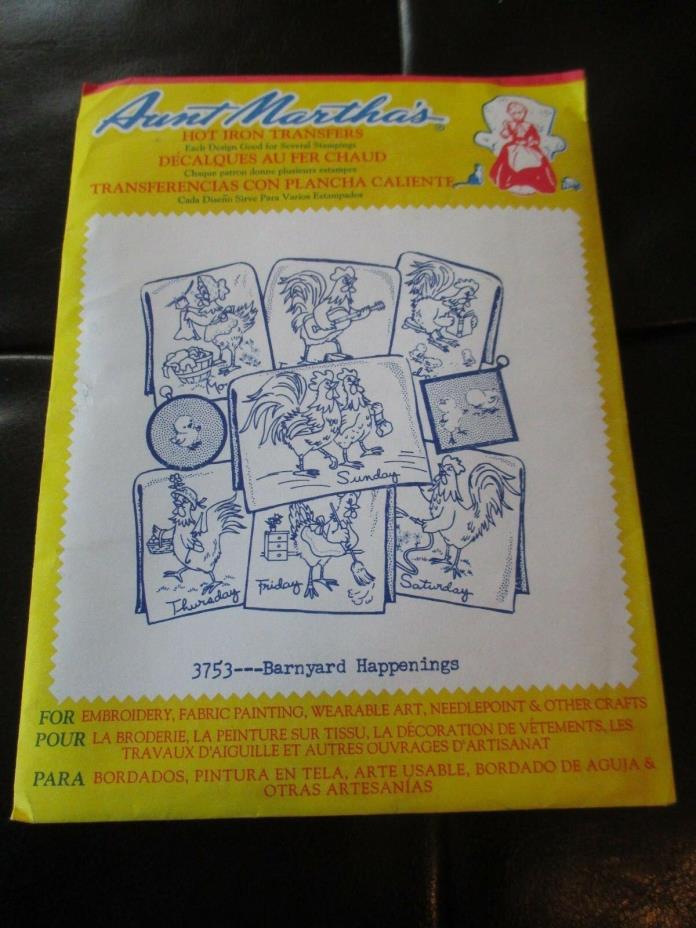 VINTAGE Aunt Martha's IRON-ON Embroidery TRANSFERS - #3753 BARNYARD HAPPENINGS