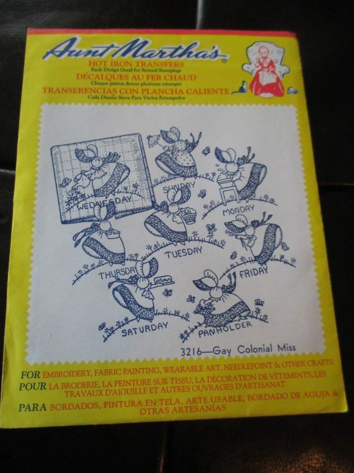 VINTAGE Aunt Martha's IRON-ON Embroidery TRANSFERS - #3216 GAY COLONIAL MISS