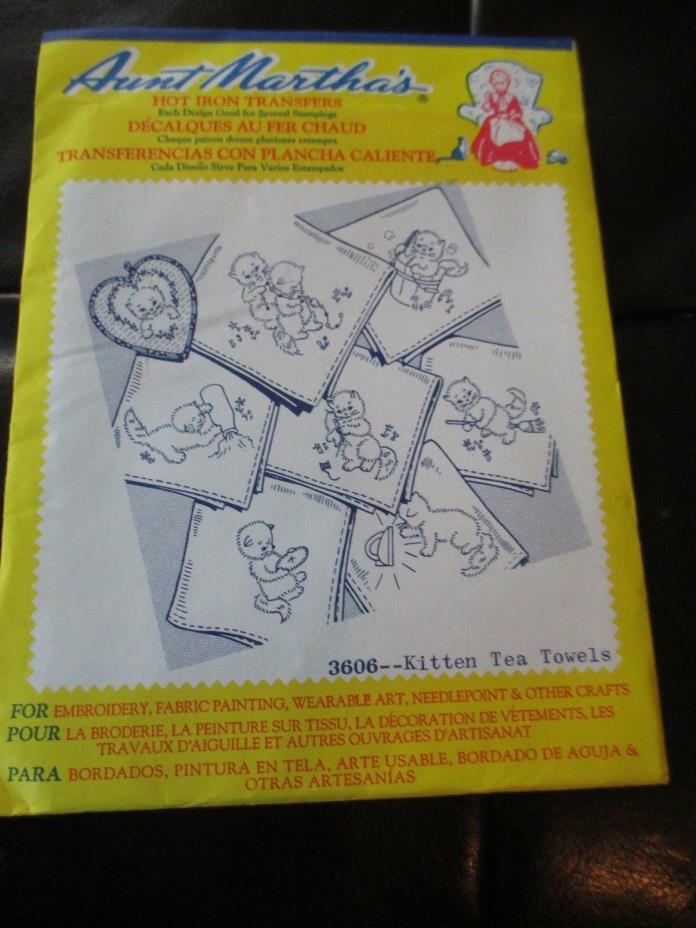 VINTAGE Aunt Martha's IRON-ON Embroidery TRANSFERS-#3606 KITTEN TEA TOWELS