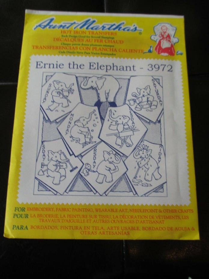 VINTAGE Aunt Martha's IRON-ON Embroidery TRANSFERS - #3972 ERNIE THE ELEPHANT