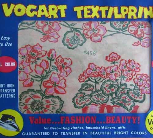 VTG VOGART Textilprints 458 Pink Red GERANIUMS Hot Iron Transfer Pattern UNUSED