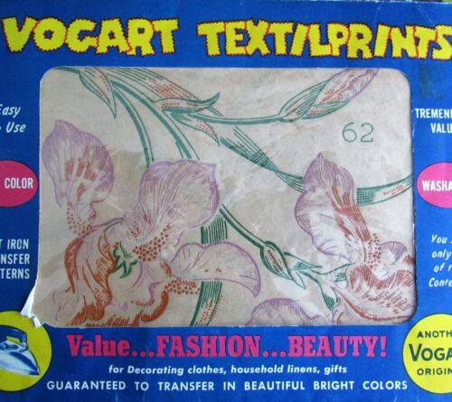 VTG VOGART Textilprints 62 Iris Floral Color Hot Iron Transfer Pattern Linens