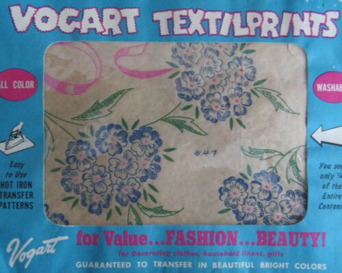 VTG VOGART 47 Textilprints Blue Phlox & Pink Ribbon Hot Iron Transfer Pattern