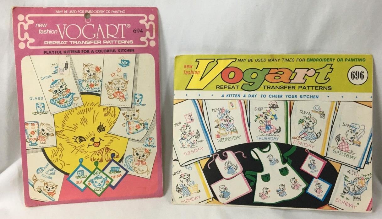 Vogart 694 696 Vtg Lot 2 Sets Embroidery Transfer Patterns Kittens Cats Original