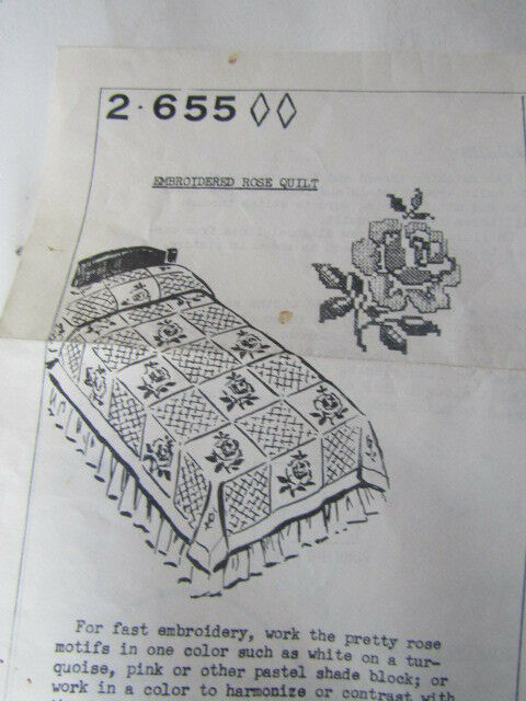 Vintage Transfer Pattern Embroidered Rose Quilt Thread and NOS Pillowcases