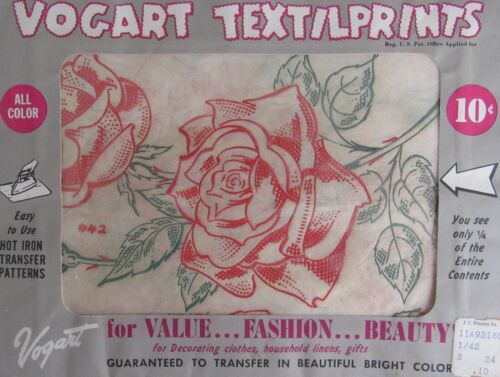 Vintage VOGART Textilprints 42 Big Red Roses Hot Iron Transfer Pattern Tea Towel