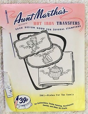 AUNT MARTHA IRON-ON TRANSFERS: Vintage DISHES FOR TEA TOWELS, unused, 3661