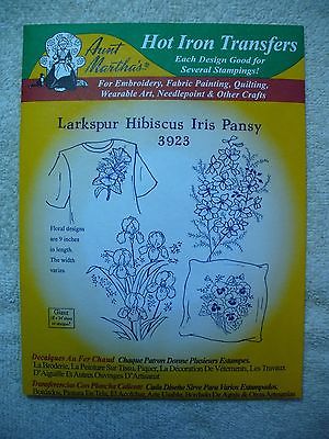 AUNT MARTHA'S IRON-ON TRANSFERS: Larkspur/Hibiscus/Iris/Pansy, new, embro., 3923