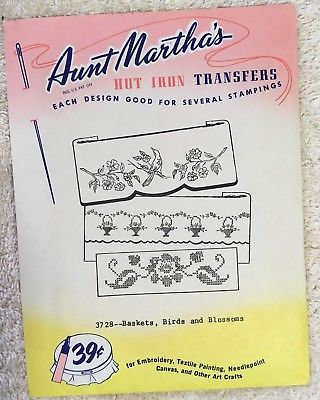 AUNT MARTHA IRON-ON TRANSFERS: Vintage BASKETS, BIRDS, & FLOWERS. unused, 3728