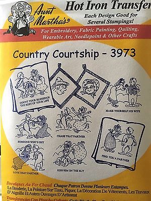 AUNT MARTHA'S IRON-ON TRANSFERS: Country Courtship, towels, potholders, 3973